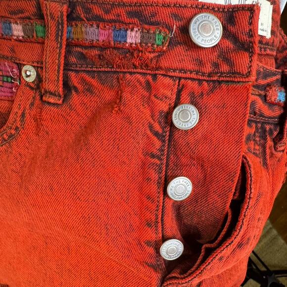 FREE PEOPLE Gypsy Red Distressed Ethnic Button Up Cutoff Shorts Boho Festival 25 - Picture 8 of 12